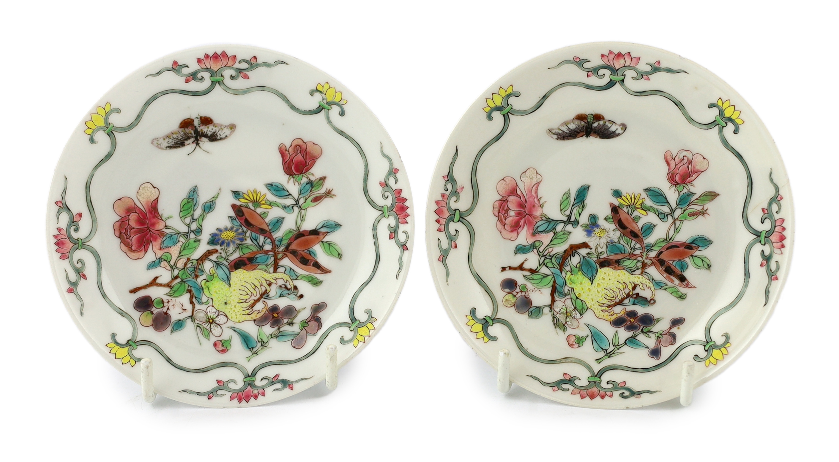 A pair of Chinese famille rose semi-eggshell porcelain saucer dishes, Yongzheng period